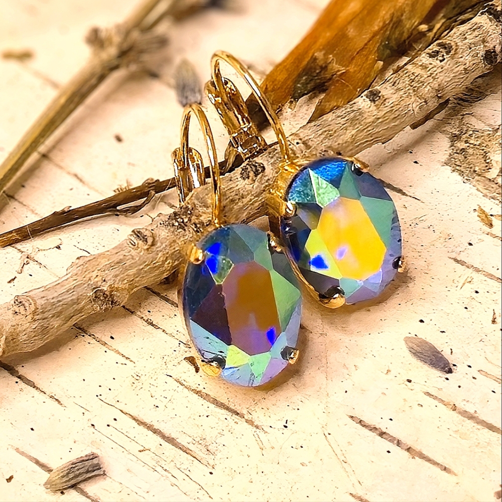 Blue So Very Metallic Swarovski Crystal In Gold Plated Drop Down Earrings - Picture 2 of 6